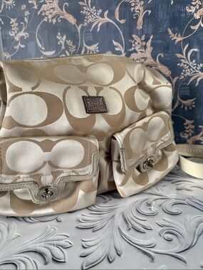 Coach Beige and Champagne Signature Shoulder Bag with Front Pockets